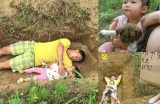Душераздирающее видео: китаец помогает больной дочери привыкнуть к могиле (5 фото + 1 видео)