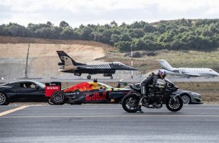 Два самолета, суперкары, байк и авто F1 соревновались, кто быстрее преодолеет 400 метров (15 фото)