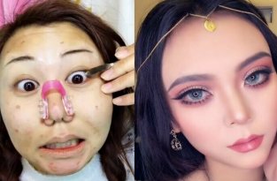 Азиатки трансформируют своё лицо при помощи макияжа и этих людей трудно узнать (5 фото + 1 видео )