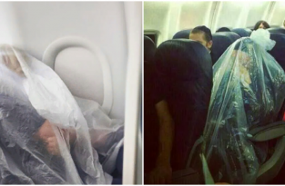 Пассажирка самолёта закуталась в полиэтилен, чтобы спастись от коронавируса (6 фото)